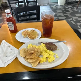 The Senior Breakfast with two soft scrambled eggs, sausage, Home Fries,and an English Muffin