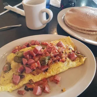 Smoked Sausage Omelette and 2 Pancakes