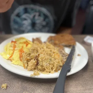 Chicken Country Fried Steak &amp; Eggs with bacon fried rice