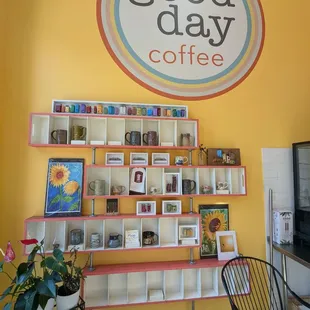 Nice display of hand-crafted mugs available for purchase at the shop across the hall.