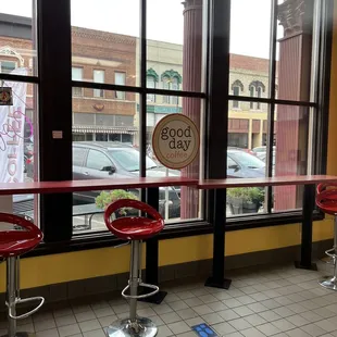 red bar stools in front of a window