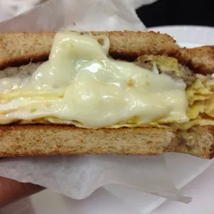 Sausage, egg and cheese breakfast sandwich! Yummy!