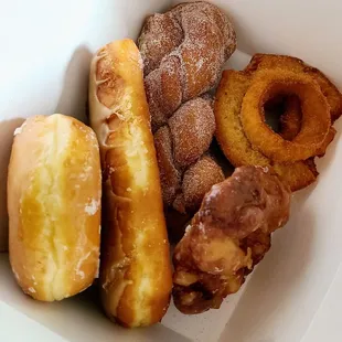 Glazed, maple bar, twist, apple fritter &amp; old fashion (L to R)