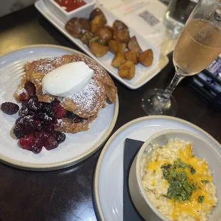 croissant french toast, cheesy grits, breakfast potatoes