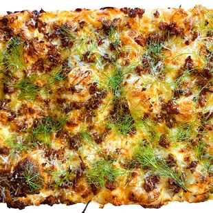 Roasted fennel, shredded mozzarella and fontina cheeses, hot Italian Sausage, topped with fresh Romano cheese and fennel fronds.