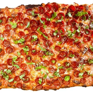 Tomato sauce, romano and mozzarella cheese, cup and char pepperoni.
