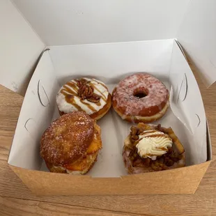 Butter Pecan Doughnut, Lemon Lavender Doughnut, Banana's Foster Doughnut, Peach Streusel Doughnut
