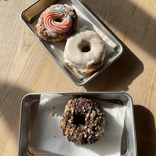 Cotton Candy Buttercream Doughnut, Brown Butter Doughnut, Chocolate Peanut Butter Pie Old-Fashioned