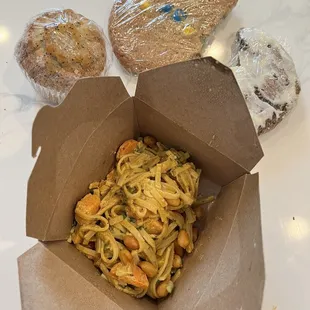 Chiang Mai Thai Noodles, lemon poppyseed muffin, M&amp;M cookie, iced ginger snap cookie (leftovers)