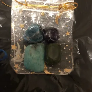 GER Gallery:  Celestial Bag of my rocks: Top Left: Blue Apatite, Top Rt: Amethyst, Btm Left: Amazonite, Btm Rt: Jade (8/24/2022)