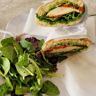 Pesto Chicken Sandwich with spring salad w/ vinegar dressing