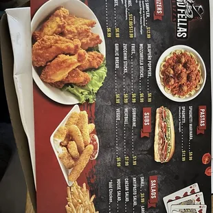 Menu apps, subs, pastas and salads