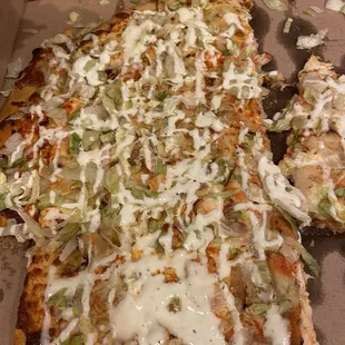 Buffalo chicken pizza- was good but heavy toppings made it a little soggy like