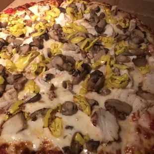 Chicken , mushrooms and banana peppers