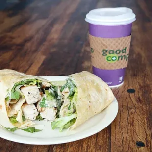 a wrap and a cup of coffee