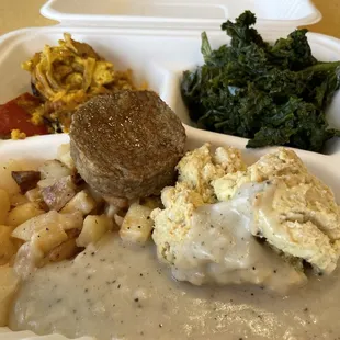 Southern breakfast veganized! Biscuits and gravy, "sausage" potatoes, tofu scramble, and braised kale.