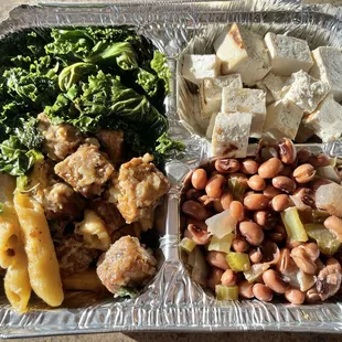 Vegan Carbonara, black eyed peas, tofu, and kale