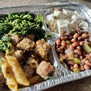 Vegan Carbonara, black eyed peas, tofu, and kale