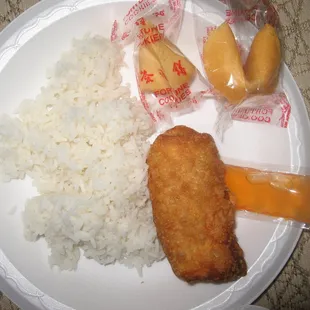 white rice, egg roll, fortune cookies