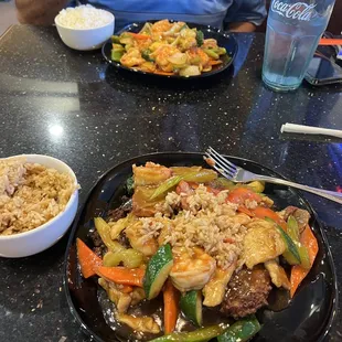 Lower picture is House egg foo young  Upper picture is Shrimp in garlic sauce