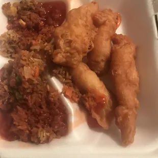 1/2 of sweet/sour chicken, giant blobs, yuck