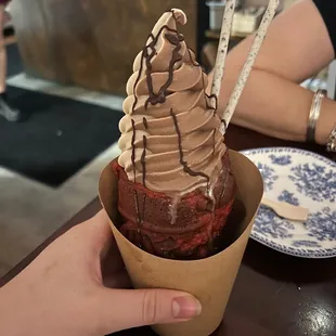 Coffee x Chocolate soft serve, red velvet Taiyaki cone, chocolate hard shell, cookies&amp;cream pocky, salted caramel at the bottom