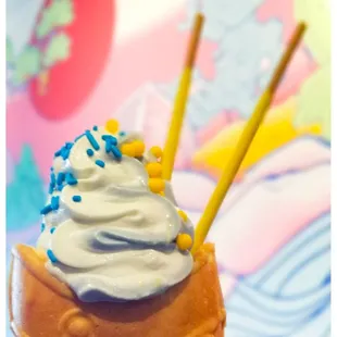 Taiyaki Icecream- Blueberry and Vanilla swirl in a fresh honey waffle fish cone