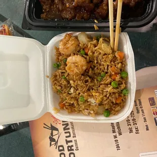 Shrimp fried rice and orange beef! I ate a good chunk of my orange beef so there isn't as much in the container as I had actually gotten.