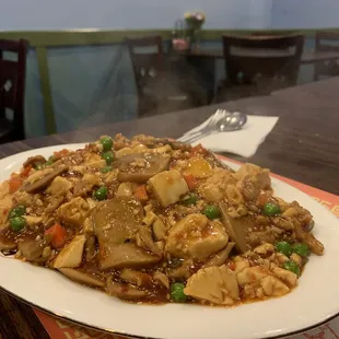 Mapo Tofu over Fried Rice and Steamed Rice