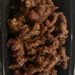 Spicy crispy beef.  Sweet with a spicy kick.  A lot of flavor.