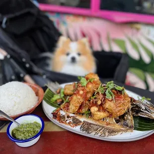 Whole Fried Petrale Sole: Fried 2 ways, peach chili glaze, fried garlic, cilantro | $49