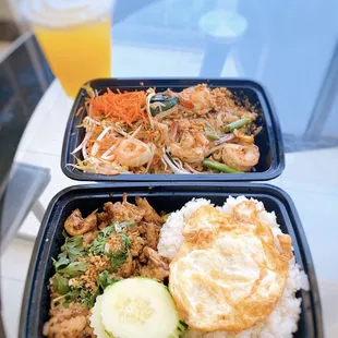 - Garlic Pepper, Fried Egg and Rice ($14) - Shrimp Pad Thai ($16) - Fresh Mango lemonade ($3)