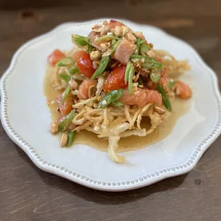 Somtum Tod with Raw Salmon