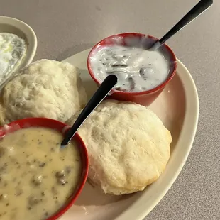 Chorizo sausage gravy (left) is amazing.  Mushroom bacon gravy (upper right) was also very good.