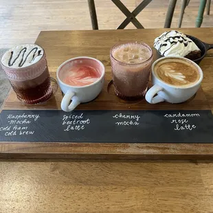 Valentines Day coffee flight with fresh baked sourdough brownie