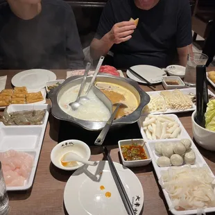 Our spread...Fish Ball,  Rice Cake Napa Cabbage White Beef Tripe Tofu Skin Enoki Mushroom, Shrimp, Shiitakes