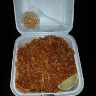 What comes inside the box. An incredibly generous portion of "Good Homes Style" Chicken Pad Thai, and a fresh lime slice.