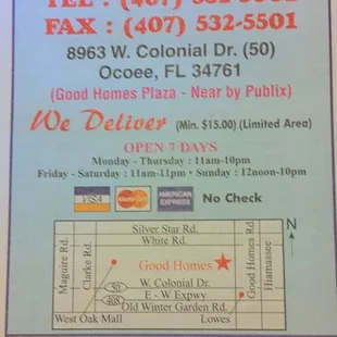 Take out menu, bottom half