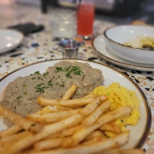 Biscuits and Gravy with vegan eggs and fries