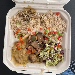 rice plate with chile verde, jamaican jerk, sweet karma salad