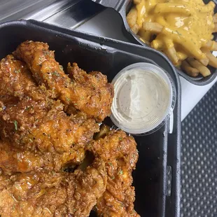 Honey Hot tenders and with cheese fries.