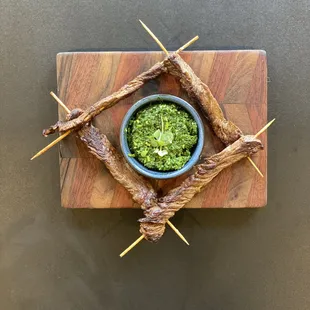 Grass-Fed Hanger Steak Skewers with Kale Pesto