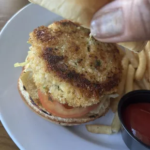 Underneath the crabcake burger
