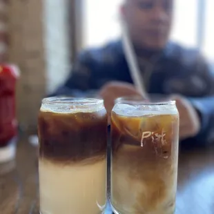 Left: Baklava Latte (special) w/ Oatmeal Right: Pistachio Latte w/ Oatmilk  They drip La Colombe!!!