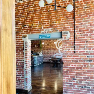  a brick wall in a restaurant