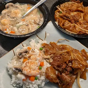 Shrimp with lobster sauce and beef chow fun