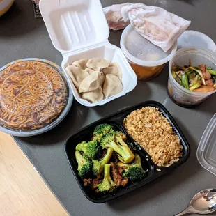 Roast pork lo mein, steamed pork dumplings, wonton soup, roast pork, beef with broccoli combo.