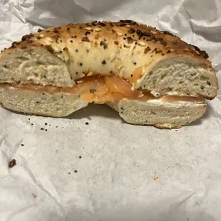Salmon and cream cheese on an everything bagel