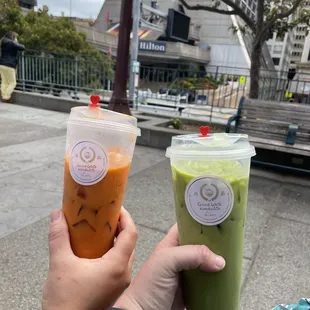 The iced green tea and iced Thai tea. Cute cups too!