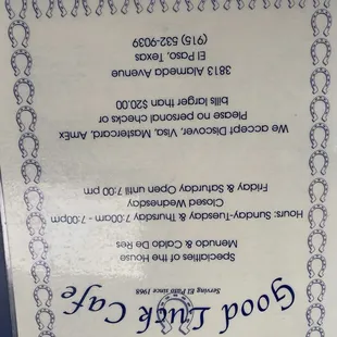 Front of menu